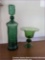 Vintage Green Glass Decanter & Pedestal Vase