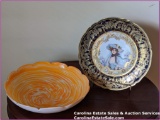 Hand Blown Glass Bowl & Vintage Gold Tone Raised Painted Plate
