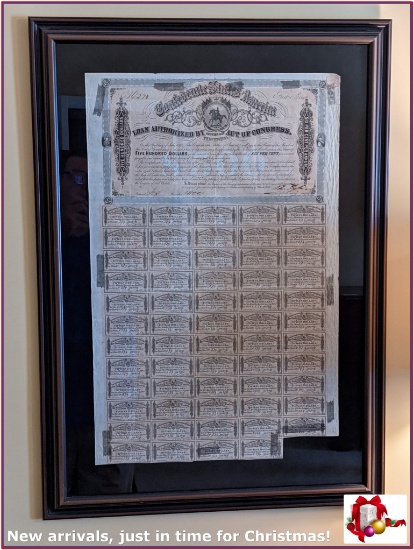 1864 CONFEDERATE STATES OF AMERICA $500 CIVIL WAR BOND W/ COUPONS (Framed)