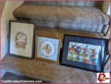 2 Pieces Signed Wall Art & 1 Framed Hand Painted Cartoon