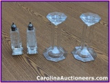 2 Vintage Glass Salt & Pepper Shakers With 2 Vintage Crystal Candle Holders