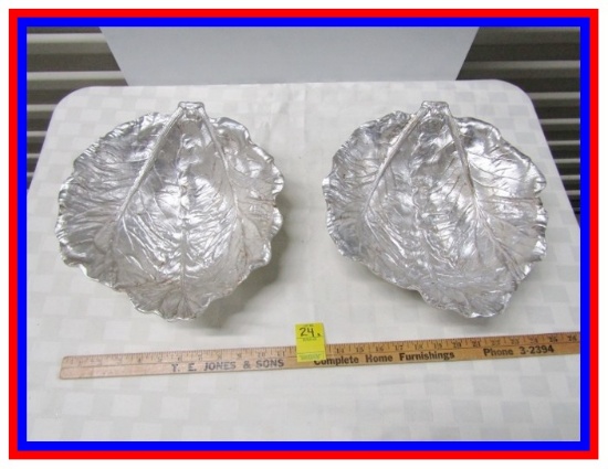 2 Silver Metal Leaf Bowls, Made In Italy