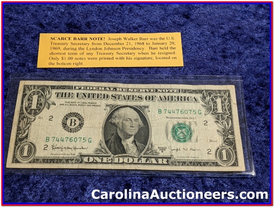 1963 B US One Dollar Barr Note