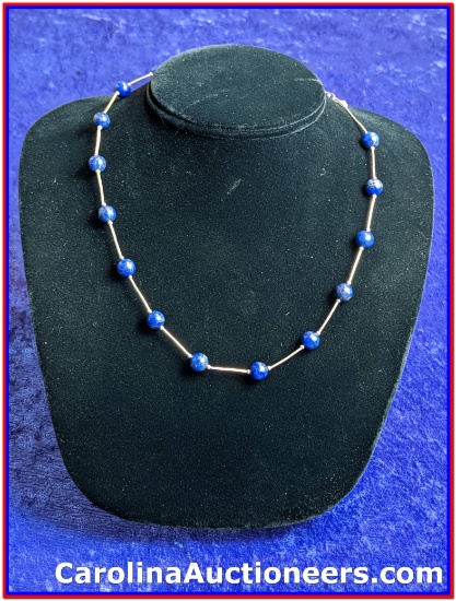 Stamped 925 Necklace w/Lapis Beads Approx: 18"