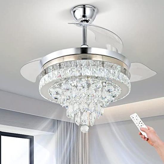 Finktonglan 42" Modern Crystal Fandelier Ceiling Fan w/Lights, Remote, Retractable Fan