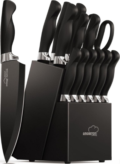 KNIFE SET, AMORSTON 15 PIECES WITH BLOCK, DISHWASHER SAFE, GERMAN STAINLESS STEEL, BLACK