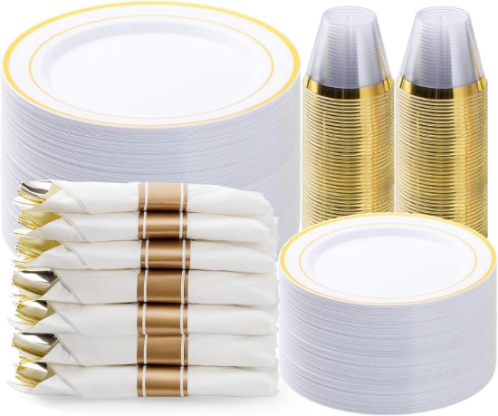 350PCS GOLD-TONE PLASTIC DINNERWARE SET, 50 GUESTS, 100 PLATES, 50 NAPKINS & GOLD-TONE SILVERWARE, 5
