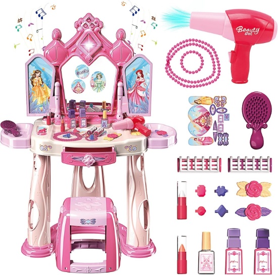 GIRLS MAKEUP TABLE SET W/ STOOL, LIGHTS & MUSIC, FOR TODDLERS 2-5 YEARS, ACCESSORIES INCLUDED