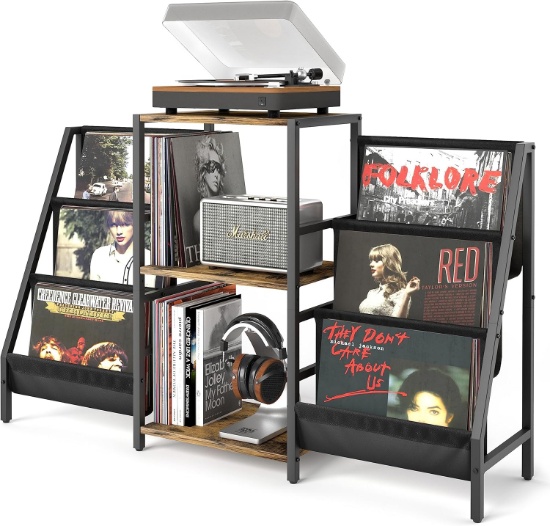 RECORD PLAYER STAND WITH STORAGE, HOLDS UP TO 280 ALBUMS, DISPLAY SHELF & CABINET FOR MEDIA