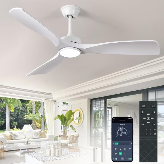 WHITE 52-INCH CEILING FAN WITH LIGHT, REMOTE CONTROL, REVERSIBLE DC MOTOR, FOR PATIO/ LIVING ROOM