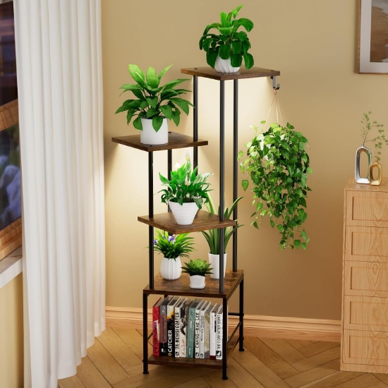PLANT STAND, INDOOR, WITH GROW LIGHT, 5-TIERED, METAL, HANGING BASKET HOOK, ADJUSTABLE, BROWN/BLACK