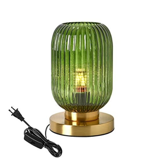 GOLD DESK LAMP: MID-CENTURY GLOBE, GREEN PUMPKIN RIBBED GLASS, BEDSIDE/TABLE, OFFICE