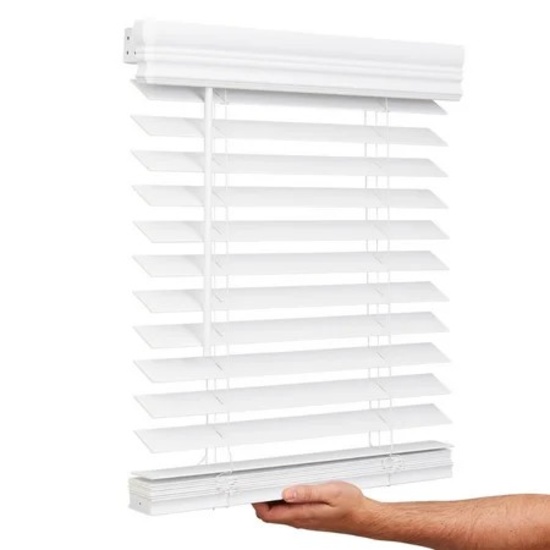 LOTUS & WINDOWARE CORDLESS 2" FAUX WOOD ROOM DARKENING BLIND, 30" W X 48" L, BRIGHT WHITE, EMBOSSED