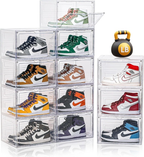 12 PACK CLEAR SHOE BOXES, STACKABLE, LARGE SHOE STORAGE ORGANIZER W/MAGNETIC DOOR, FIT US SIZE 12