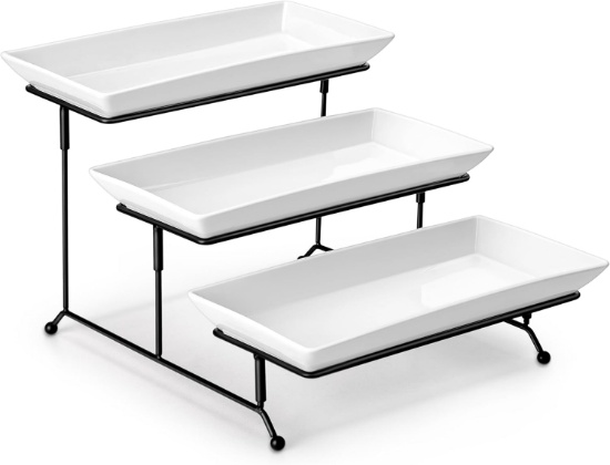 MALACASA 3 TIER PORCELAIN SERVING TRAYS, 12-INCH, WHITE DESSERT STAND WITH METAL RACK