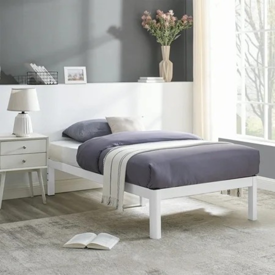 MAINSTAYS WOOD SLAT WHITE METAL PLATFORM BED FRAME, TWIN