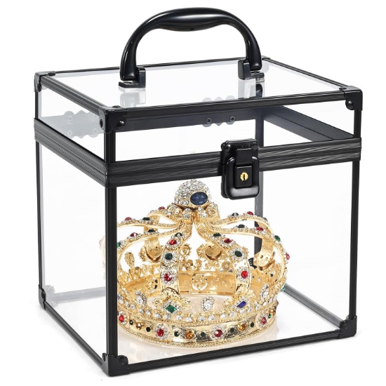 COSTRAVIO CLEAR MAKEUP CASE, CROWN BOX TOILETRY ORGANIZER, TRANSPARENT TRAIN CASE W/LATCHES