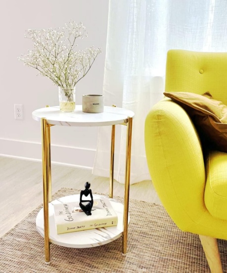 GOLD ROUND FAUX MARBLE SIDE TABLE NIGHTSTAND, MODERN, W/GOLD-TONE METAL FRAME, 16 IN X 22 IN