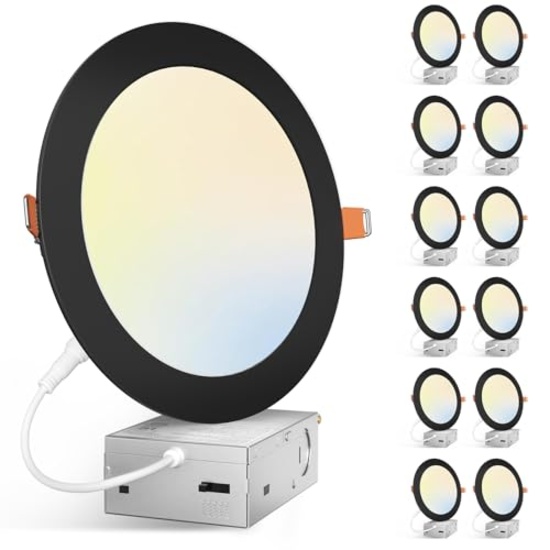 AMICO 12-PACK 7" 5CCT THIN LED RECESSED CEILING LIGHT, 2700K-5000K, 1300LM, DIMMABLE, BLACK