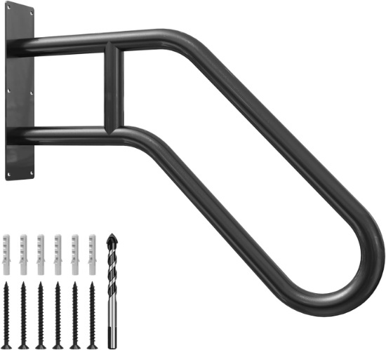 HANDRAIL FOR OUTDOOR STEPS, WALL MOUNT, FITS 1-3 STEPS, U-SHAPED STAIRCASE HANDRAIL - BLACK, 1 PACK