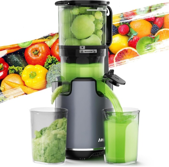 AEITTO JUICER, COLD PRESS, 5.3 XL FEED CHUTE, WHOLE FRUITS & VEG, EASY CLEAN, HIGH YIELD, GREY