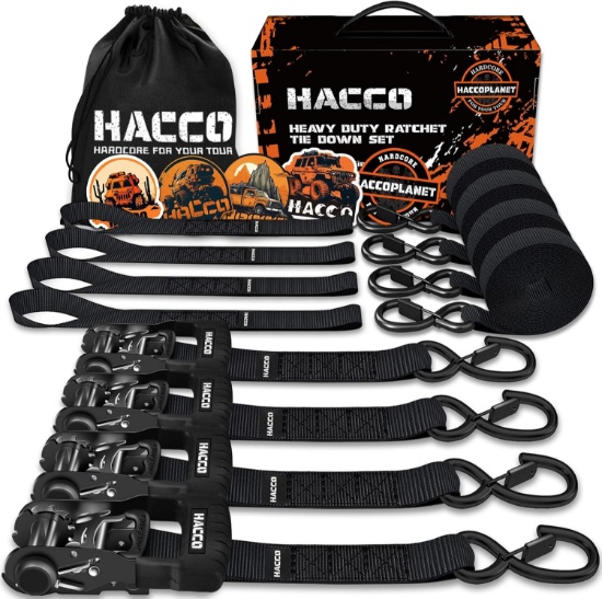 RATCHET STRAPS, 5280LB BREAK STRENGTH, 1.6" HEAVY DUTY TIE DOWN SET, PADDED HANDLE, BLACK, 8FT