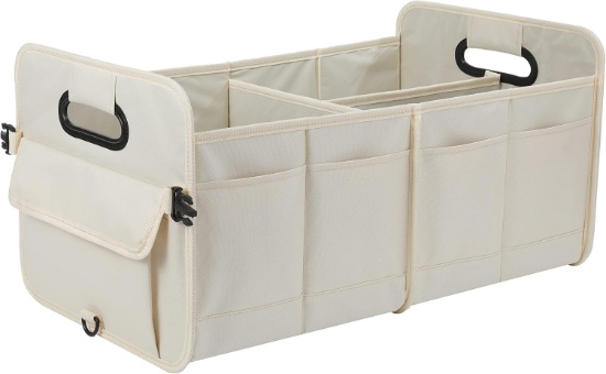 CAR TRUNK ORGANIZER, COLLAPSIBLE, MULTI COMPARTMENT, ADJUSTABLE STRAPS, FOR SUV (BEIGE)