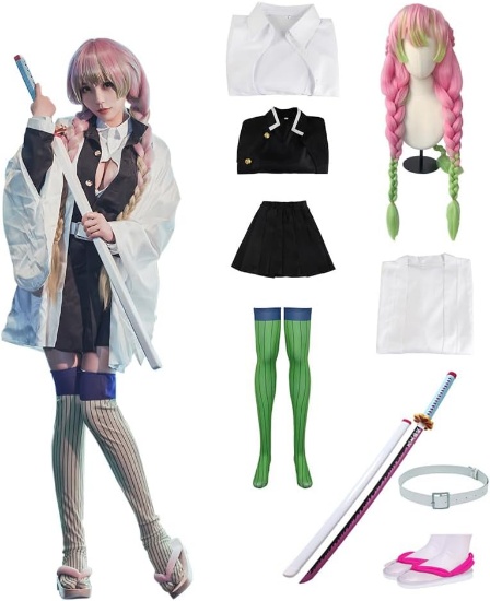 ANIME COSPLAY COSTUME FOR TANJIRO SHINOBU GIYUU KANROJI ZENITSU + SHOES WIG SWORD, SIZE L