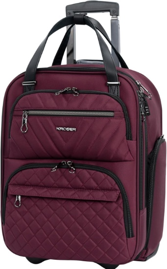 KROSER 16" MULTI-FUNCTIONAL UNDERSEAT CARRY ON SUITCASE, LIGHTWEIGHT, BURGUNDY