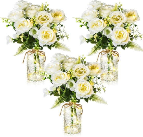 3 SET ARTIFICIAL FLOWERS IN GLASS VASE WITH LED LIGHTS