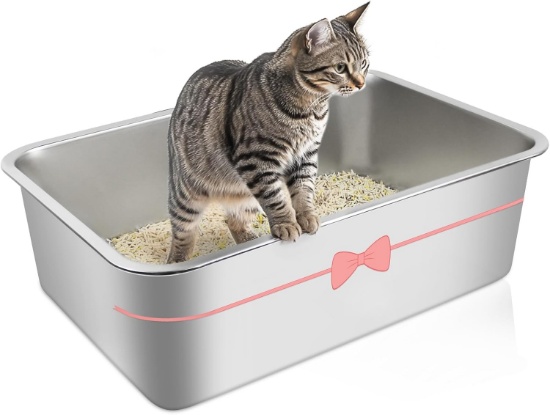 STAINLESS STEEL CAT LITTER BOX, 23.6" X 15.7" X 7.9", SPLASH-PROOF, NON-STICK, ODORLESS
