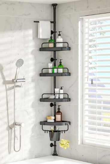 RUST PROOF SHOWER CADDY CORNER TENSION POLE ADJUSTABLE HEIGHT, 4 TIER SHELF ORGANIZERS (BLACK)