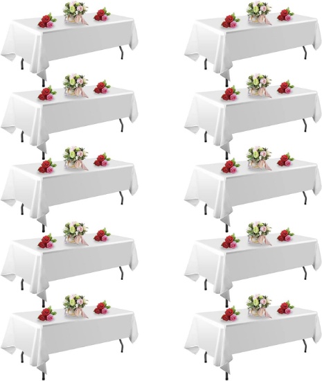 10 PACK WHITE TABLE CLOTH, 60 X 102 INCH, STAIN & WRINKLE RESISTANT, WASHABLE POLYESTER