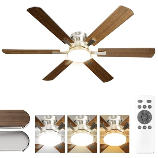 52 INCH MODERN CEILING FAN WITH LIGHT & REMOTE, FLUSH MOUNT, SILVER-TONE WHITE, 6 BLADE, 6 SPEEDS