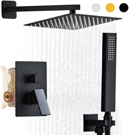 SANITEMODAR BLACK SHOWER HEAD, 10" RAINFALL & HANDHELD SHOWER VALVE SET, WALL MOUNTED, MATTE BLACK