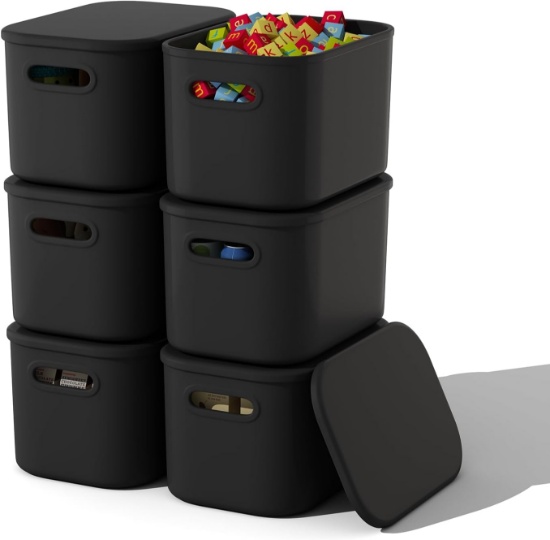 6 PACK BLACK STORAGE BINS W/LIDS, 9.85X6.9X5.7 INCH, STACKABLE BLACK ORGANIZER CONTAINERS