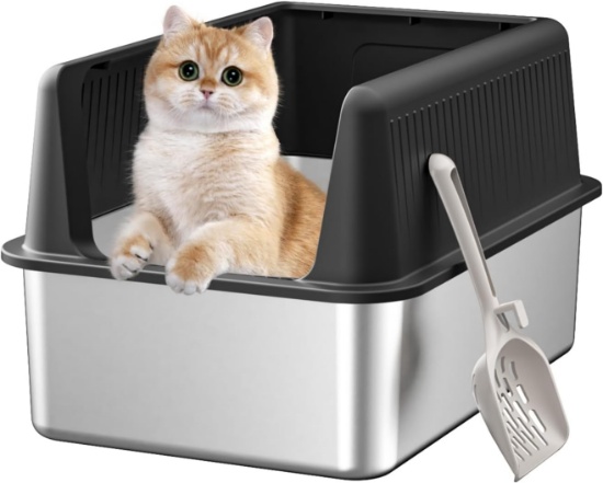 STAINLESS STEEL CAT LITTER BOX WITH LID, XL, 19.7 L X 13.8 W X 11.8 H DEEP, LARGE, INCLUDES SCOOP