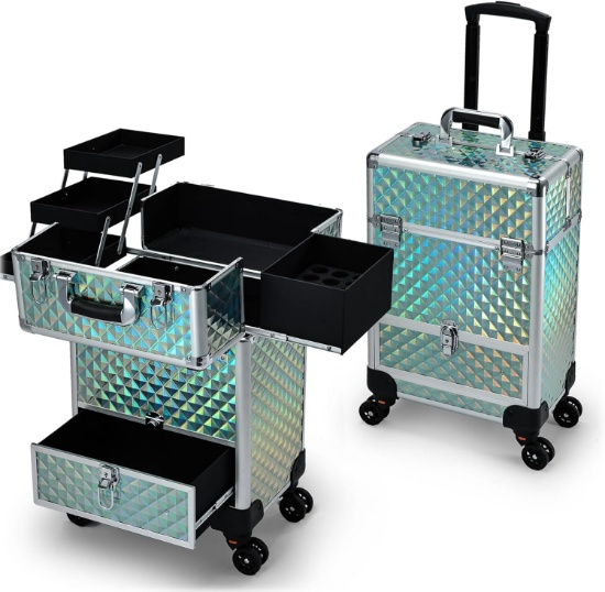 HODODOU BLUE ROLLING MAKEUP CASE W/DRAWER TRAVEL TROLLEY, SALON BARBER CASE TRAVELING CART