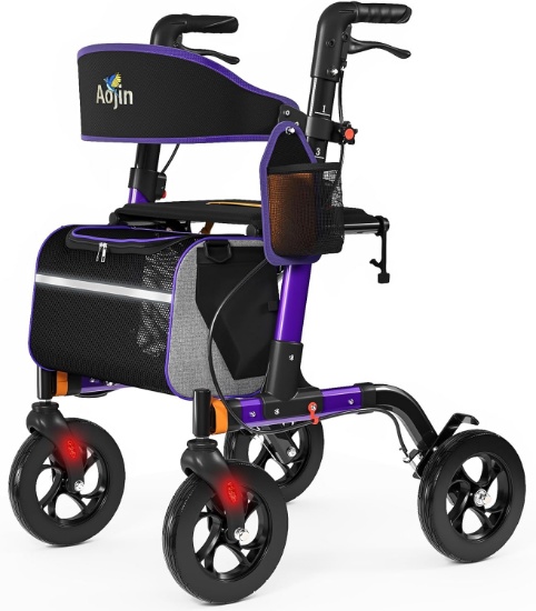 ROLLATOR WALKER WITH SEAT, 350 LB, 18" SEAT, 8" WHEELS, LIGHTWEIGHT ALUMINUM FRAME (PURPLE)