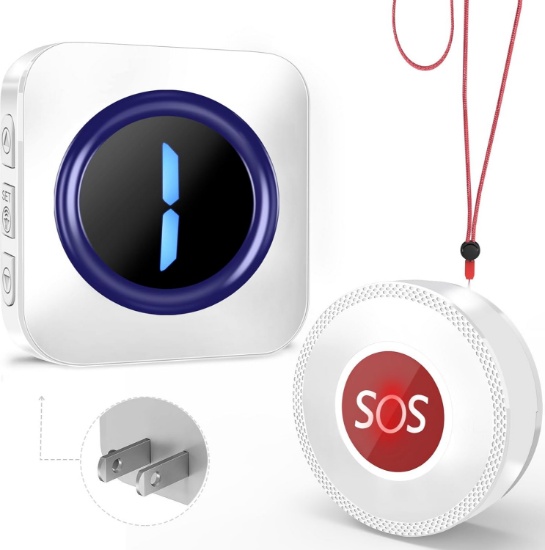 Wireless Caregiver Pager System, 1000 Feet, with 1 Receiver & 1 Waterproof Transmitter