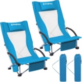 KingCamp Low Beach Chair, Portable, Folding, High Back, 300lbs Capacity, w/Carry Bag (2 Chairs)