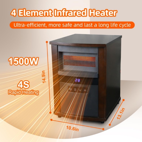 Space Heater, 1500W, Infrared Quartz, Adjustable Thermostat, Overheat Protection, Large Room