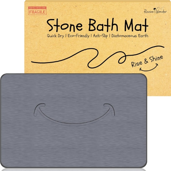 Stone Bath Mat - Large Absorbent Non-Slip Diatomaceous Mat, Rise & Shine (23.5 x 15in, Dark Gray)