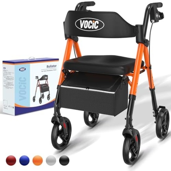 VOCIC Orange Foldable Rollator Walker with Seat