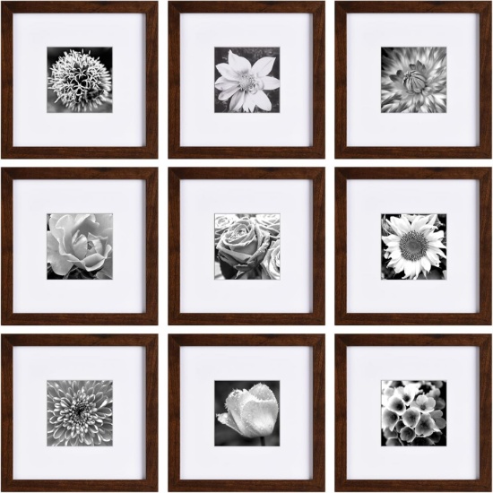 YAETM 8X8 PICTURE FRAME FOR MATTED TO 4X4, SQUARE BROWN WOOD GRAIN, GALLERY WALL FRAMES, 9 PACK