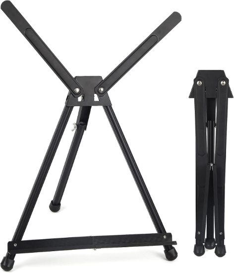 FALLING IN ART ALUMINUM 15" TO 21" TABLETOP EASEL DISPLAY, BLACK TRIPOD W/RUBBER FEET