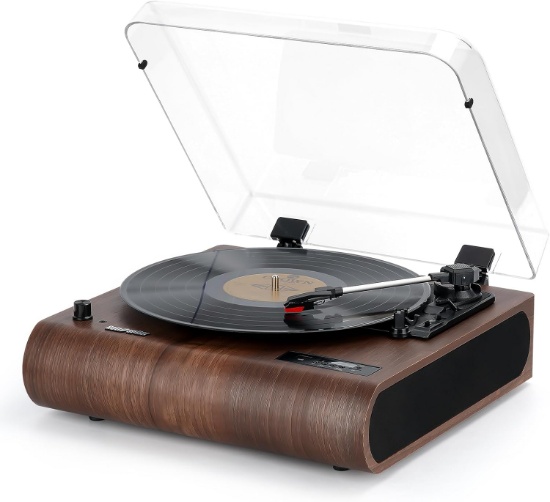 RECORD PLAYER 3-SPEED BLUETOOTH TURNTABLE, BUILT-IN SPEAKERS, FM, USB/SD, WOOD RETRO LP