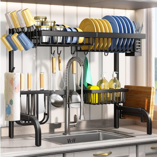 OVER SINK DISH DRYING RACK, ADJUSTABLE (25.5-33.5 IN) 2 TIER STEEL RACK W/ HOOKS & HOLDERS (BLACK)