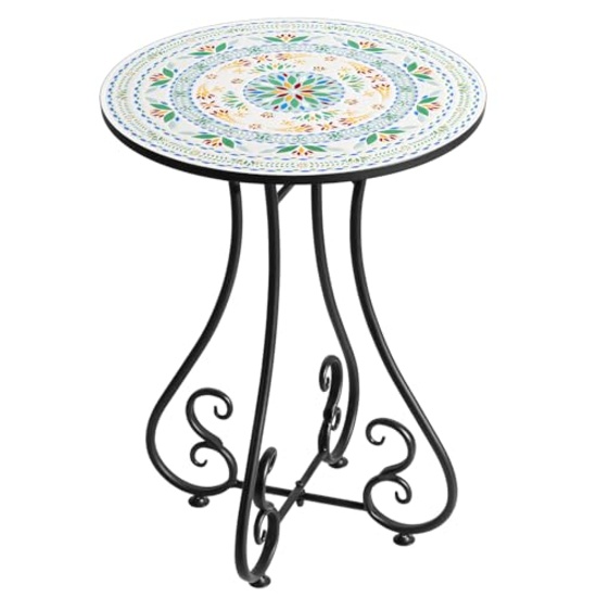 16" ROUND SIDE TABLE WITH UNIQUE CERAMIC TILE TABLETOP & METAL FRAME FOR INDOOR/OUTDOOR USE