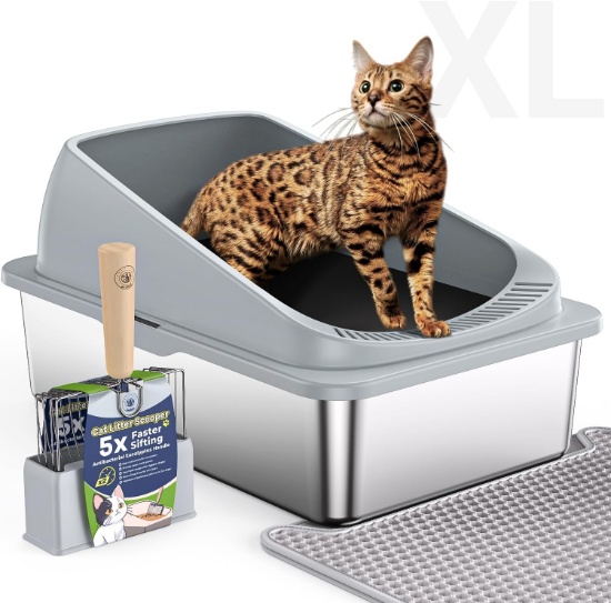 STAINLESS STEEL CAT LITTER BOX, XL, HIGH-SIDED, ANTI-LEAK, SCOOP INCLUDED, GREY